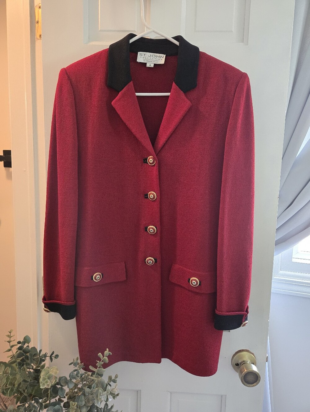 St. John Red Knit Blazer with Black Collar and Cuff Trim